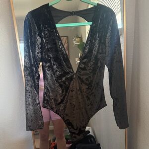 Victoria's Secret Black Velvet Deep V Long-Sleeve Bodysuit